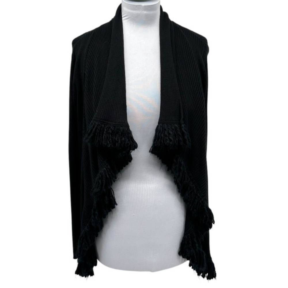 Dana Buchman Fringe Cardigan Open Front Knit Sweater Black Size M